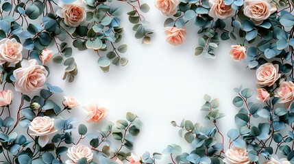 Poster - A small delicate blush pink and pale dusty blue flowers and dusty green leaves, swirls, delicate vines swirls, frame, white background. Generative AI.