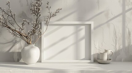 Wall Mural - Arrange white frame and dry twigs in vase on shelf or desk. White hues.