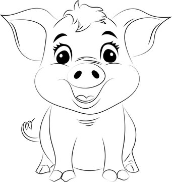 Cute piggy cartoon character coloring page vector illustration. Animal,  colouring page for kids