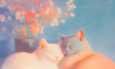 Wall Mural - A loving hugging couple of kittens. Greeting card for birthday, Valentine's day or wedding invitation.