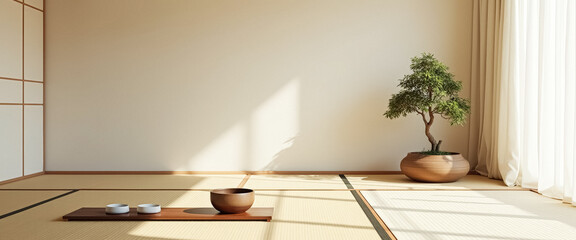 Poster - Minimalist Japanese Interior Design with Tatami Mat Flooring and Bonsai Tree