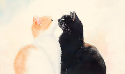 Wall Mural - A loving hugging couple of kittens. Greeting card for birthday, Valentine's day or wedding invitation.