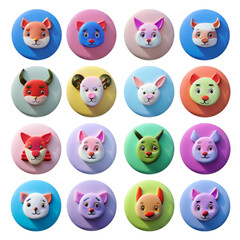 Wall Mural - Cute animal faces buttons with different expressions in a colorful grid isolated on transparent background