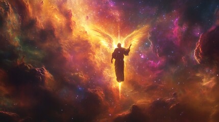 A silhouette of an angel with outstretched wings flies through a colorful nebula.