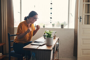 Aufkleber - Woman, laptop and celebration with success for writing, blog or article in home office. Journalist, excited and tech for remote work, planning or research for copywriting or freelance career in house