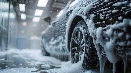 Wall Mural - Car Wash A Close-Up of a Car Covered in Sudsy Foam