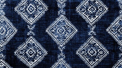 Wall Mural - A detailed digital rendering of a Lao fabric pattern showcasing delicate ikat designs with bold, repeating diamond shapes in deep indigo and white, perfect for traditional textiles.