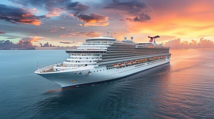 A serene sunset at sea with a colorful sky, clouds, and a cruise ship dominating the scene, reflecting warm hues in the water.