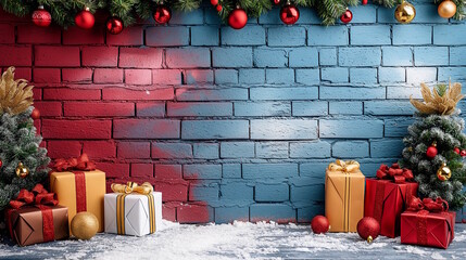 A festive scene with Christmas presents, garland, and ornaments against a red and blue brick wall, creating a cheerful holiday atmosphere with a modern urban twist and bright colors