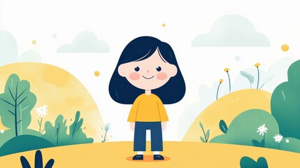 Poster - A cheerful girl frolics in a vibrant countryside, embracing nature with joy in this modern flat cartoon illustration.