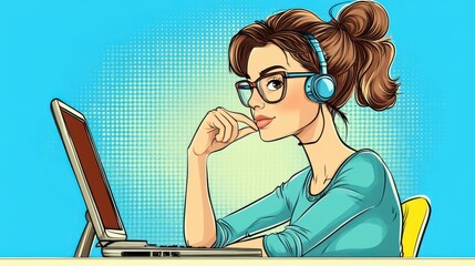 vibrant pop art illustration of a female developer at work, blending retro comic book style with mod