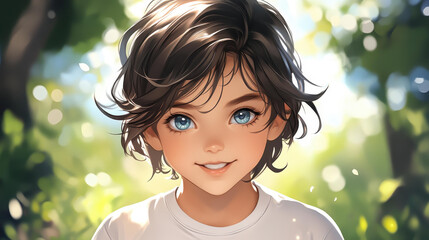 Poster - Cute animestyle design featuring a child in a white shirt, perfect for fans of vibrant illustrations and stylish fashion.