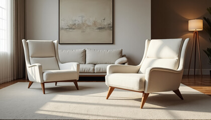 Poster - Modern Living Room with White Armchairs and a Beige Sofa