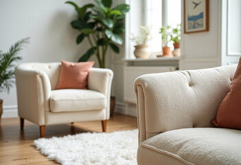 Canvas Print - White Armchair and Sofa in a Minimalist Living Room