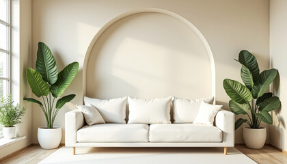 Wall Mural - Minimalist living room with white sofa and arched wall