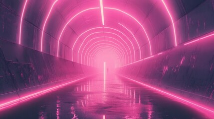 Poster - Line art illustration depicting a narrow tunnel with vibrant pink neon lights creating a glowing futuristic ambiance as reflections softly illuminate the ground