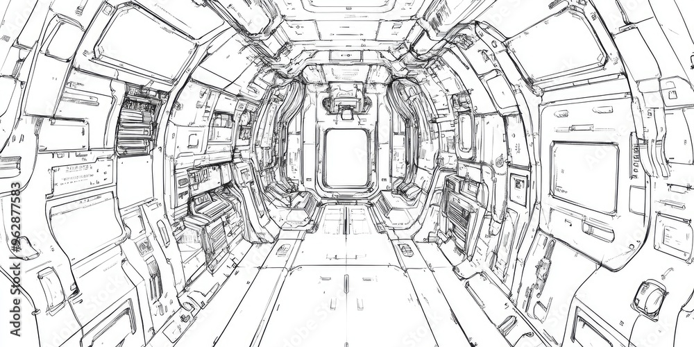 Line art illustration of a futuristic sci fi spaceship interior ...