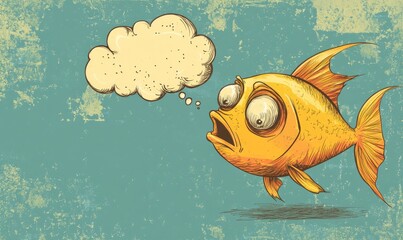 Poster - Cartoon illustration of a smelly fish with a thought bubble in a line art style