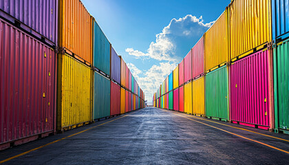 A vibrant row of colorful shipping containers under a bright sky, creating a striking industrial scene.