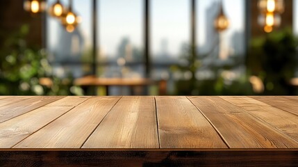 Empty wooden table top with blurred cafe background.