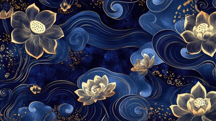 A high-resolution digital rendering of a Chinese fabric pattern with stylized lotus flowers and swirling patterns in deep blue and gold tones, perfect for wallpaper or textiles.