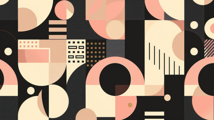 Abstract Bauhaus style seamless pattern with geometric shapes featuring shapes and clean lines in black, rose and beige