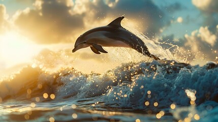 Wall Mural - Dolphin Leaping Through Golden Sunset Waves