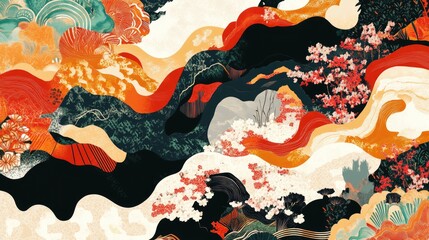 A high-resolution digital rendering of a Japanese fabric pattern featuring bold and modern interpretations of classic ukiyo-e art in rich, contrasting colors.