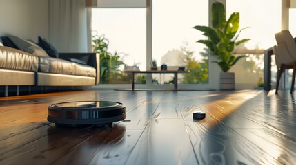 Robot Vacuum Cleaner Cleaning Hardwood Floor in Modern Living Room