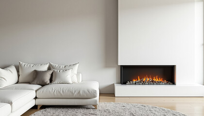 Poster - Modern Living Room with Cozy Fireplace and White Sectional Sofa