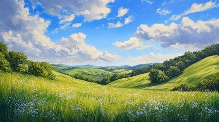 Oil painting depicting a lush meadow set against rolling green hills featuring a blue sky with clouds evoking a sense of exploration and connection with nature