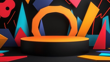 Poster - A bold, colorful 3D papercraft podium with sharp, clean folds, surrounded by abstract geometric cut-out shapes on a deep black background
