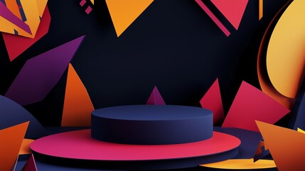 Poster - A bold, colorful 3D papercraft podium with sharp, clean folds, surrounded by abstract geometric cut-out shapes on a deep black background