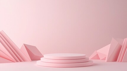 Poster - A sleek, minimalist 3D podium crafted from folded paper layers, surrounded by abstract geometric paper cut-outs on a soft pink background