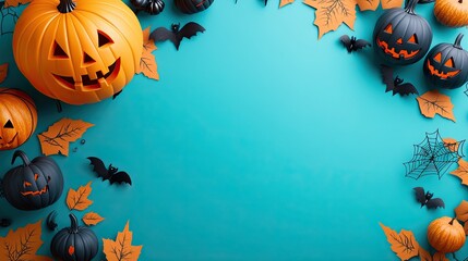 Cheerful turquoise background with playful Halloween icons 