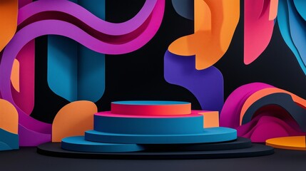 Poster - A bold, modern papercraft podium with sharp folds and colorful paper layers, surrounded by abstract cut-outs on a deep black background