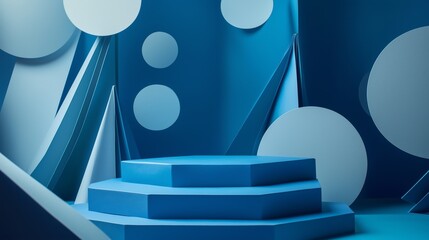 Poster - A geometric papercraft podium with sharp, folded edges, placed against a vibrant blue backdrop with cut-out circles and paper accents