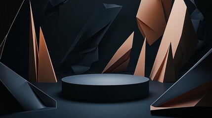 Poster - A bold, modern 3D papercraft podium with sharp, clean lines, placed in a space surrounded by abstract geometric cut-outs on a dark background