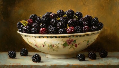 Wall Mural - Still life oil painting featuring a full bowl of ripe fresh blackberries placed on a table