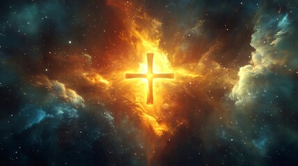 Golden cross glowing in a nebula.