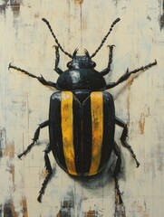 Canvas Print - Oil painting showcasing a black beetle featuring yellow stripes against a muted background highlighting the intricate details