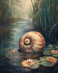 Oil painting depicting a river snail showcasing the beauty of aquatic life