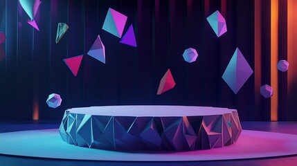 Poster - A modern 3D podium crafted from intricate folded paper, set against a dark, artistic backdrop with floating neon-colored papercraft shapes