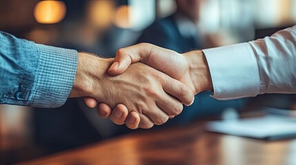 Close up of business people shaking hands while sitting at table in office