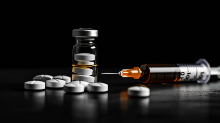 Close-up of a medical syringe with pills and a bottle on a black background. Healthcare and medicine concept.