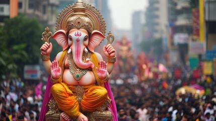 Wall Mural - Ganesh Chaturthi celebrations in Mumbai. A large crowd gathers around a statue of Lord Ganesha. Devotees carry Ganesh Idol for immersion