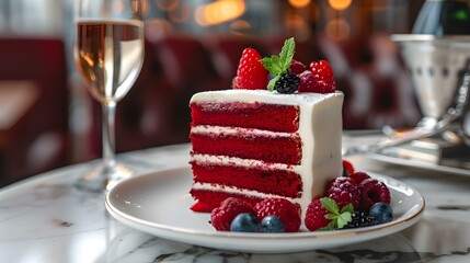 Red Velvet Cake Slice with Berries and Champagne