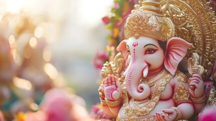 Wall Mural - Ganesh Chaturthi celebrations in Mumbai. A large crowd gathers around a statue of Lord Ganesha. Devotees carry Ganesh Idol for immersion