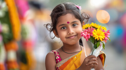 Sticker - indian little girl holding a beautiful bouquet of flowers in her hands