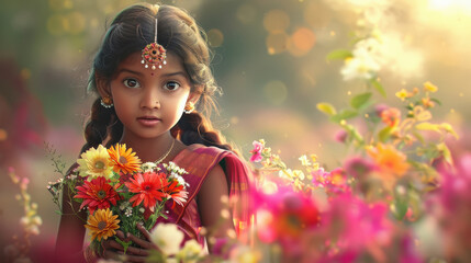 Sticker - indian little girl holding a beautiful bouquet of flowers in her hands